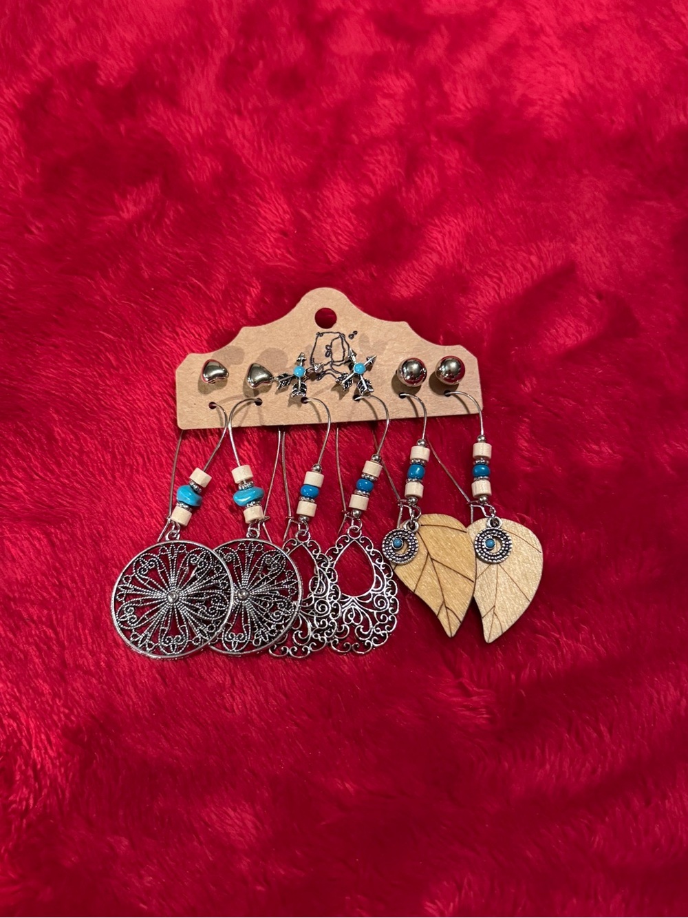 Boho Earring Set 6 Pairs Silver Wood Turquoise Filigree Western